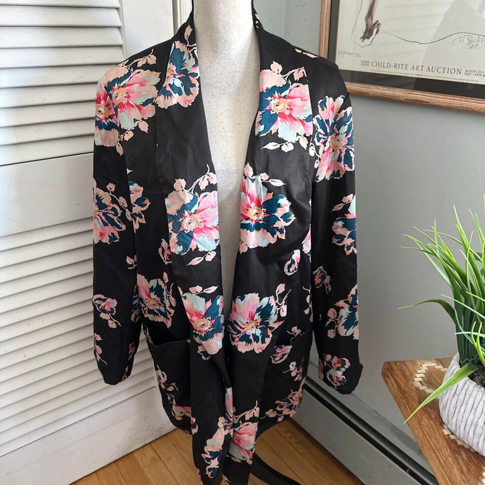 Ett Twa Anthropologie Jacket XL Black Floral Satin Open Blazer Relaxed Boho Chic